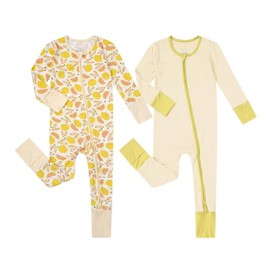 Teach Leanbh Unisex Baby 2 Pack Bamboo Viscose Pajamas with Mittens and Feet Cuffs Soild 2 Way Zipper Long Sleeve Romper Sleep and Play (0-3 Months, Lemon+Cream yellow)