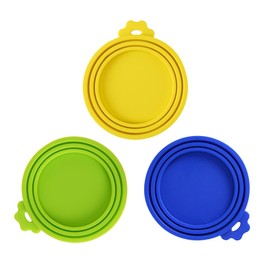 SunGrow Cat Food Can Lids, Durable and Flexible Silicone Wet Pet Food Can Covers, Universal Fit Storage Toppers, Dishwasher-friendly, Yellow, Blue, Green, 4” x 3.5”, 3 Pcs Per Pack