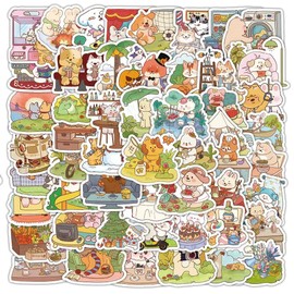 60Pcs Cute Animals Daily Life Stickers, Kawaii Cartoon Animal Stickers Pack for Kids Teens,Vinyl Waterproof Animals Decals for Water Bottles Laptops Mobile Phones Skateboards