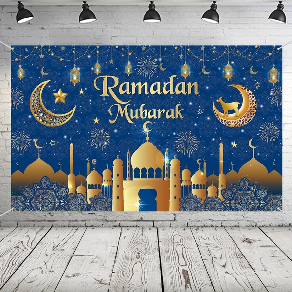 Ramadan Mubarak Banner Decoration, Extra Large Fabric Eid Kareem Backdrop for Decorations, 72 x 44 Inch Blue Gold Star Moon Castles Photo Booth Background for Islamic Muslim Al-Fitr Party Accessories