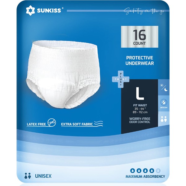 SUNKISS TrustPlus Incontinence and Postpartum Underwear for Men and Women, Disposable Protective Underwear with Overnight Comfort Absorbency, Leak Protection, Odor Control, Large, 16 Count