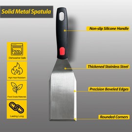 Professional Metal Spatula for Cast Iron Skillets and Flat Top Grills, Full Tang Silicone Handle,Thickened Stainless Steel Blade, Smash Burger Spatula Turner for Flipper, Cooking, BBQ, 5 x 2.75 Inch
