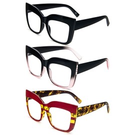 REAVEE 3 Pack Oversized Reading Glasses for Women Thick Large Frame, Blue Light Blocking Stylish Computer Readers Spring Hinge,Black Pink Red 2.0