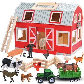 Wooderma Wooden Barn with 12 Animal Play Figures, Farm Animal Toys, Barn Toys for Kids 3+ Years Old, Farm Pretend Playset for Christmas Birthday Gift for Boys Girls