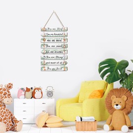 HPNIUB Woodland Nursery Wall Decor, Safari Animals Themed Wood Sign, Kids Inspirational Quote Wall Art Forest Nursery Picture, Cartoon Motivational Pictures Wall Plaque for Baby Bedroom Decoration