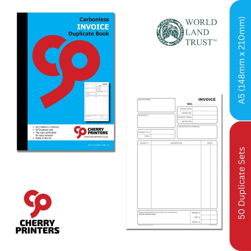 Cherry NCR Invoice Duplicate Book, A5, 50 Sets
