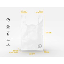 BAX Camiseta Pack 100 bolsas Bolsas biodegradables tipo camiseta Únicas con tecnología libre de plástico extra fuertes, compostables certificadas 100 bolsas chicas. 22x44cm