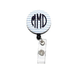 Monogrammed Blue Seersucker with Your Letters Badge Reel Retractable for ID or Key Card
