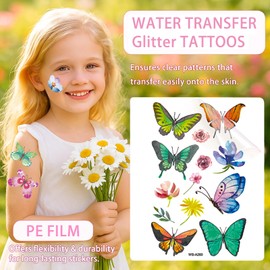 AmiCera Glitter Tattoos for Kids, 10 Sheets Temporary Tattoos for Girls Fake Tattoo for Kids Party Bags Fillers, Birthday Festival Face Body Sticker Party Supplies, Safe Long Lasting, Shiny Butterfly