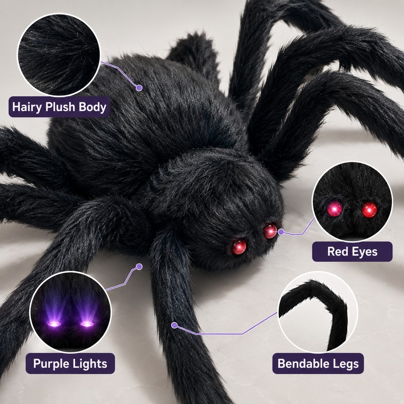 Giant Light-Up Spider for Halloween Decor – Poseable Black Plush