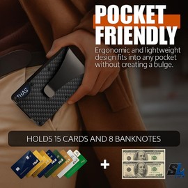 SAVOUR LUXE LTD Carbon Fibre RFID Blocking Wallet – Slim Minimalist Card Holder with Money Clip, Metal Frame, Ultra-Thin Front Pocket Wallet for Men (Light Blue)