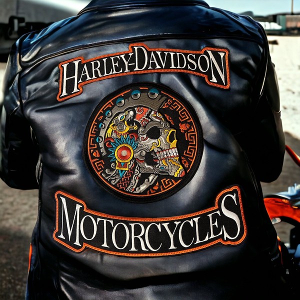 Harley Davidson Rocker Patch Set with Aztec Skull Center –