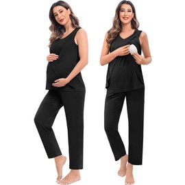 SWOMOG Maternity Nursing Robe Set 3 PCS Postpartum Breastfeeding Pajamas Hospital Pregnancy Pjs Double Layer Lounge Set, Black Large