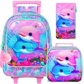 UFNDC 4PCS Girls Rolling Bookbag, Cute Kids Dolphin Wheeled Backpack，Roller School Bag with Wheels for Elementary Preschool Travel