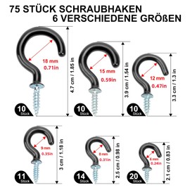 FINEASY Pack of 75 Screw Hooks, Black, 6 Sizes, Ceiling Hooks for Screws, Vinyl Coated Cup Hooks Set, Hook Screws (Black)