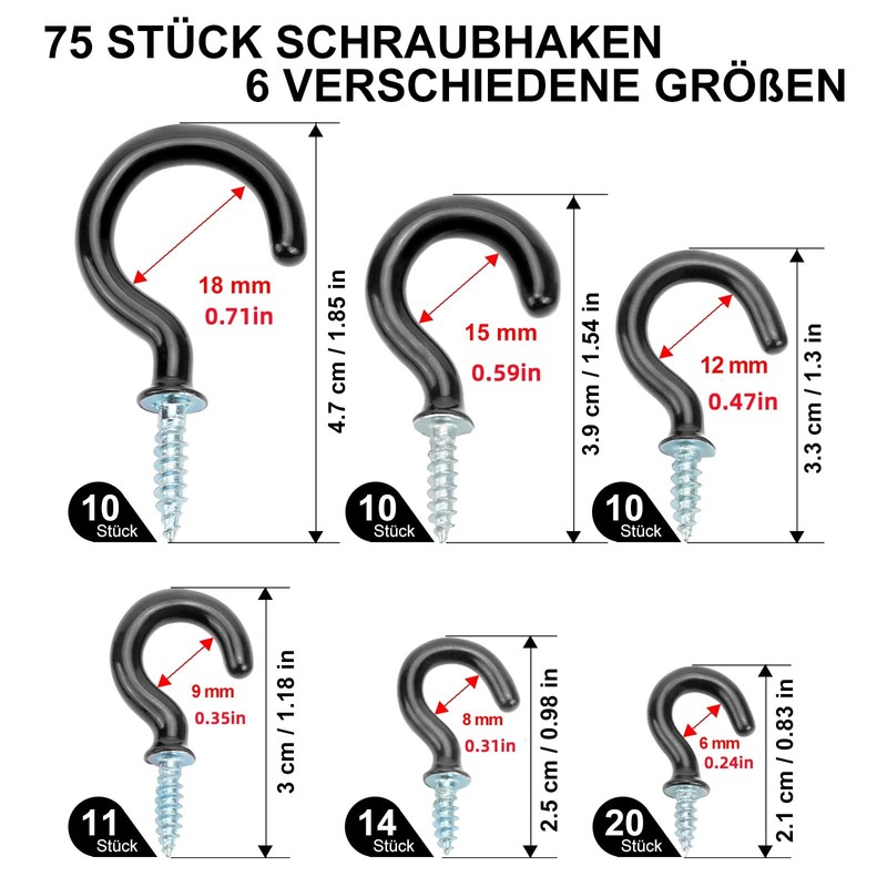 FINEASY Pack of 75 Screw Hooks, Black, 6 Sizes, Ceiling