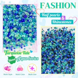 qiipii 2Bags 90g DIY Bundles Pack, 1 Half Round Pearls+1 Resin Rhinestones for Bedazzling Crafting 3-10mm Mix Teal Blue Colorful Gems Diamonds Stones for Face Eyes Makeup Tumblers Bottles Shoes Crafts