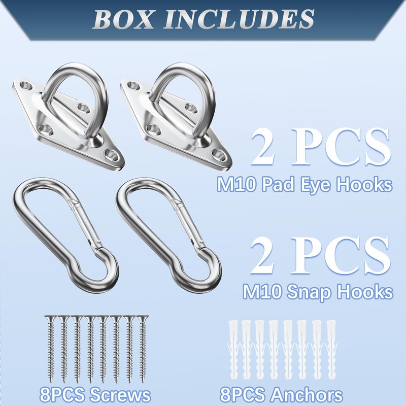 OHIYO 2PCS M10 Stainless Steel Pad Eye Hooks+2PCS 10MM Snap