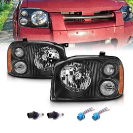 AmeriLite 2001-2004 Replacement Halogen Headlights For Nissan Frontier Pickup Truck D22 Base/SE/SC/XE (Pair) With Hi/Lo Beam Bulb, Vehicle Light Assembly, Black