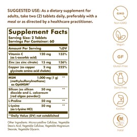 Solgar Skin, Nails & Hair, Advanced MSM Formula, 120 Tablets - Supports Collagen for Hair, Nail and Skin Health - Provides Zinc, Vitamin C & Copper - Non GMO, Vegan, Gluten & Dairy Free - 60 Servings ,Standard Packaging , 120 Count