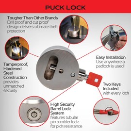 Equipment Lock Puck Lock - Stainless Steel, Multi-Use Uncuttable Lock - Ideal for Gates, Sheds, Roll-Up Doors or Trailers - Padlock Replacement (Keyed Differently)