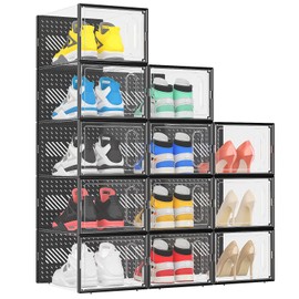 eWonLife X-Large Shoe Organizer - 7.12” Extra Height & Magnetic Door, 12-Pack Clear Plastic Stackable Sneaker Storage Box, Shoe Containers for Closet, Entryway, Shoe Rack, Fit up to Size 12, Black