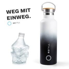 REFYLL Stainless Steel Drinking Bottle 750 ml - "ColorFYLL" I Thermal Bottle for School, Children, Work I Water Bottle Leak-Proof + BPA Free I + Protective Cover & Sports Lid (Black & White)