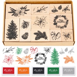 JarThenaAMCS 16 Pcs Merry Christmas Wooden Rubber Stamps with Craft Ink Pads Xmas Tree Holly Berry Flower DIY Craft Stamps for Winter Party Decor Scrapbooking Cards Making