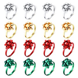 Boderier Christmas Napkin Rings Set of 16 Bow Napkin Holder for Party Dinner Table Decoration (Gold Silver Red Green,16 Pack)