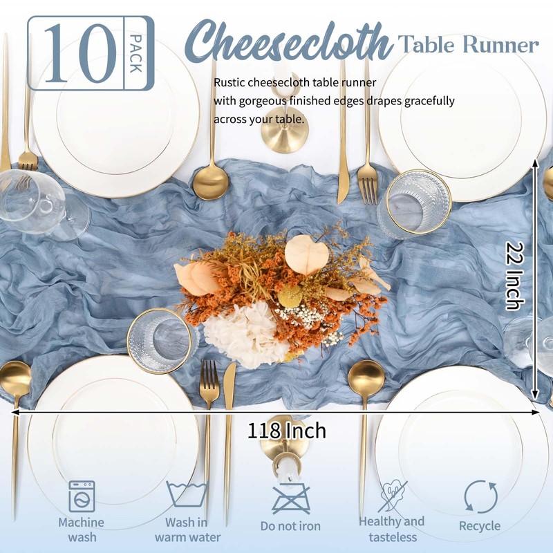 Teruntrue 10 Pack Blue Table Runner Cheesecloth Table Runner, 10FT