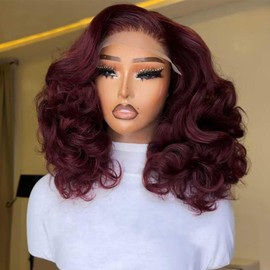 Youleas 250% Full Density 99J Burgundy Lace Front Wigs Human Hair 13x4 Short Bob Wigs Human Hair Glueless Wear and Go Loose Deep Wave Wig Pre Plucked Pre Bleached Red Wig Human Hair (16inches)