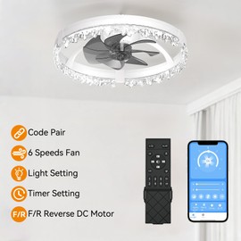 Ceiling Fans with Lights and Remote, 20'' Low Profile Ceiling Fan, 3000-6500K Dimmable Modern Flush Mount LED Fan Light, 6 Wind Speeds, Ceiling Fans for Bedroom