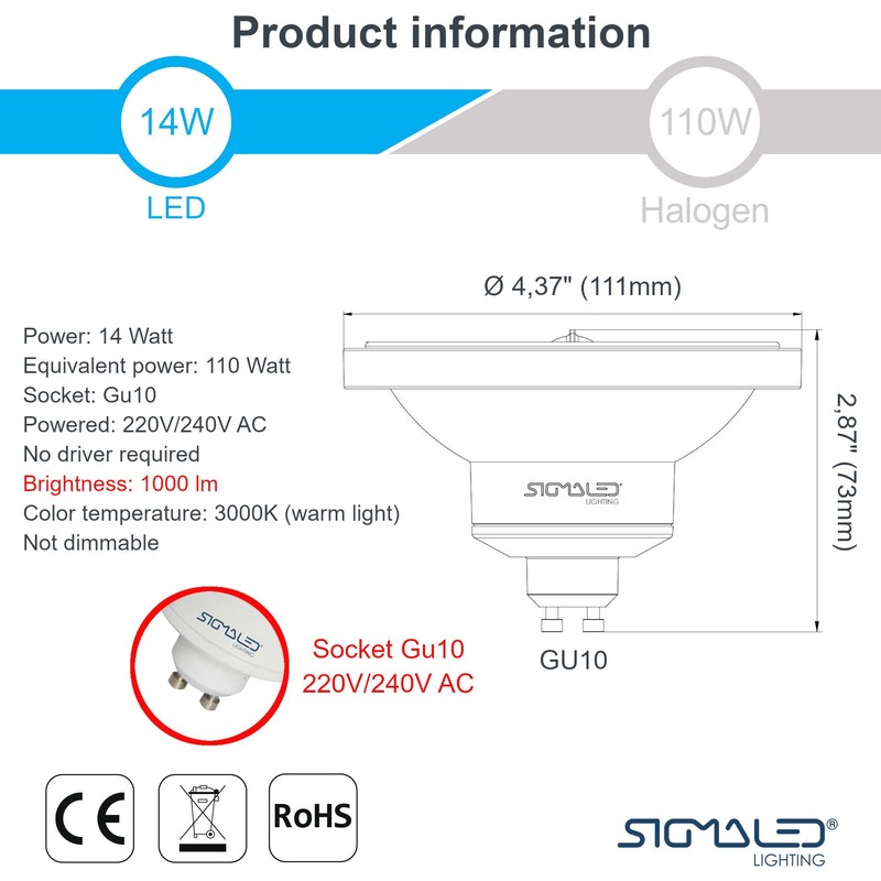 Sigmaled lighting - AR111 GU10 LED Spotlight 14W (110W Halogen