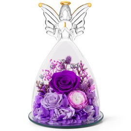 Christmas Angel Roses Gifts for Mom,Preserved Real Flowers Purple Roses in Glass Angel Figurines, Christmas Birthday Gifts for Grandma Her Women Mom Wife Mother in Law.