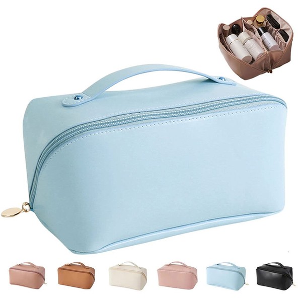 MINGRI Large Capacity Travel Cosmetic Bag for Women,Makeup Bag Travelling PU Leather Cosmetic Bag Waterproof,Multifunctional Storage Travel Toiletry Bag Skincare Bag (Blue)