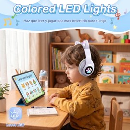 Audifonos Inalambricos para Nios, Auriculares Bluetooth con Luz LED y Micrfono, Auriculares Plegables con Forma de Garra de Gato, Audfonos para Nia,  