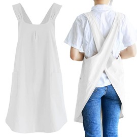 Japanese Linen Cross Back Kitchen Cooking Aprons for Men with Pockets for Baking Painting Gardening Cleaning White, Women's White, Medium