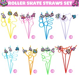 24 PCS Roller Skate Drinking Crazy Straws for Kids Decor Retro 80s 90s Disco Skateboard Themed Birthday Party Supplies Favors Decorations with 24 PVC Cute Charm, 2 Cleaning Brushes Reusable Straw