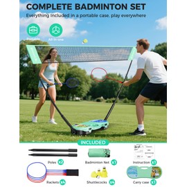 BAGAIL Portable Badminton Net Set, Pop-Up Net with Carry Case, Complete 4 Racket Set for Backyard, Park & Beach Games, Quick Setup Indoor Outdoor Sports Equipment for Backyard Fun