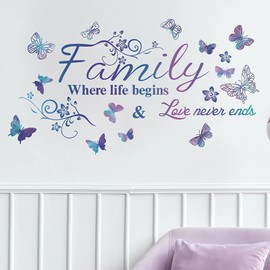 Family Wall Sticker, Inspirational Wall Decor Home Wall Decoration Warm Quotes Stickers Waterproof Removable Butterfly Sticker Letter Word Decal for Bedroom Dining Room Kitchen Wall Art Decor(Purple)