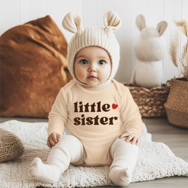 SOFEON Little Sister Onesie Bodysuit Baby Girl Long Sleeve Romper Newborn Little Sis Bodysuit Infant Sibling Outfits 0-18M(Apricot,12-18M(100))