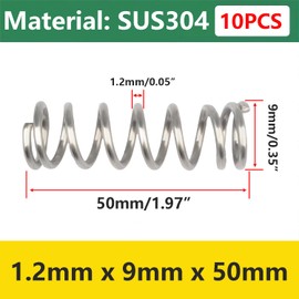 Qrity Pack of 10 compression springs, stainless steel coil springs, 304 steel spring, 1.2 x 9 x 50 mm spring, compression spring for replacement and repair