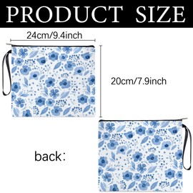 CREATCABIN Blue Flower Makeup Bags for Women Travel Watercolor Cosmetic Bag with Zipper Pouch Tool Multi Purpose Pencil Case Toiletry Packing Purse Gag for Teacher Appreciation Gifts 9.4x8Inch