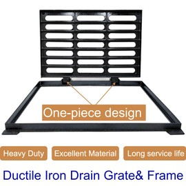 DuuMuut Cast Iron Drain Grate and Frame, 24x16 Outdoor Drain Cover with Base, B Class Sewer Grate, Durable Heavy Duty Channel Grate, Black Rectangle Drainage Grate for Driveway, Concrete, Yard