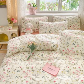 Covebett Cotton Single Duvet Cover White Pink Colourful Floral Flower Bedding Set 2 pcs, Aesthetic Botanical Quilt Cover 135x200 cm Zipper Closure and 1 Pillowcase 50x75