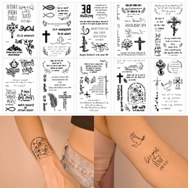72 Pcs Christian Motivational Bible Verse Quotes Words and Cross Temporary Tattoos For Adults, Inspirational Believe Strength in God Realistic Black English Word Tattoo for Women Men 727