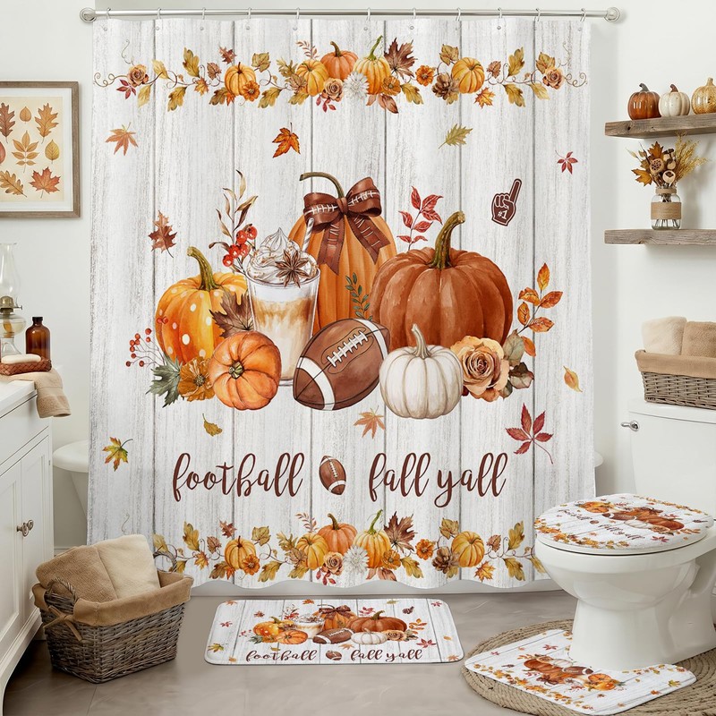 4pcs Farmhouse Pumpkin Fall Bathroom Decor Shower Curtain Set 72