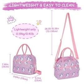 Kasgo Lunch Bag for Kid, Insulated Box Bag Girls Unicorn Lunch Tote Cooler Thermal Bag for Children with Front Pocket for School, Purple Unicorn