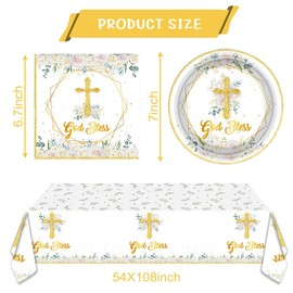 God Bless Tableware Set, First Holy Communion Theme 20 Plates,20 Napkins And Tablecloth, For Newborn Baptism Church Cross Golden Floral Party Decoration