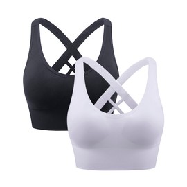 Heersan Women's Sports Bra, Push Up Sports Bra Without Underwire, Crossback, Seamless Strong Hold Sports Bra with Removable Padded for Fitness, Running, Jogging, Yoga, 2pcs-black+white